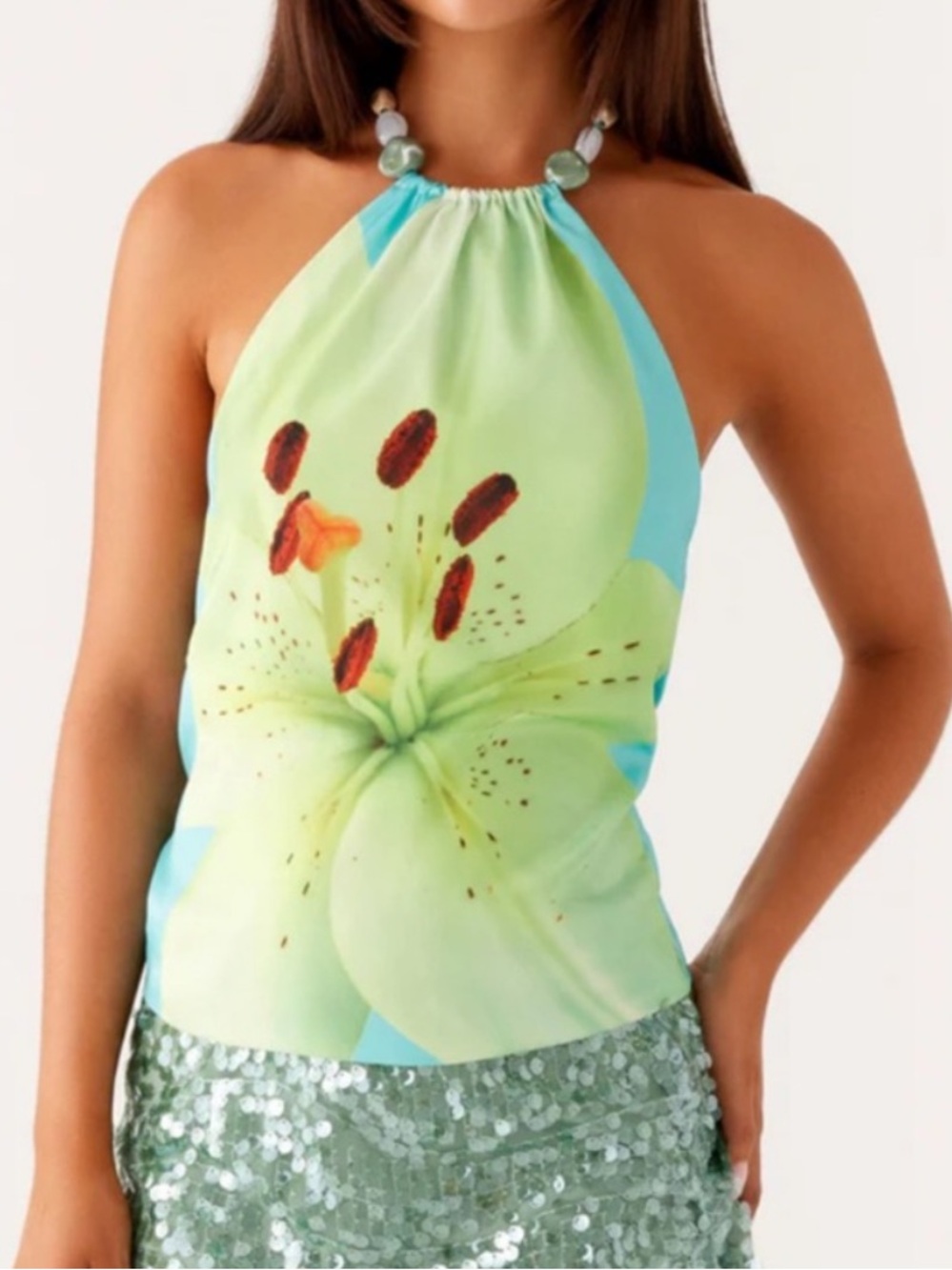 🆕 Turquoise Smocked Halter Top with beaded self tie neck size S NWT